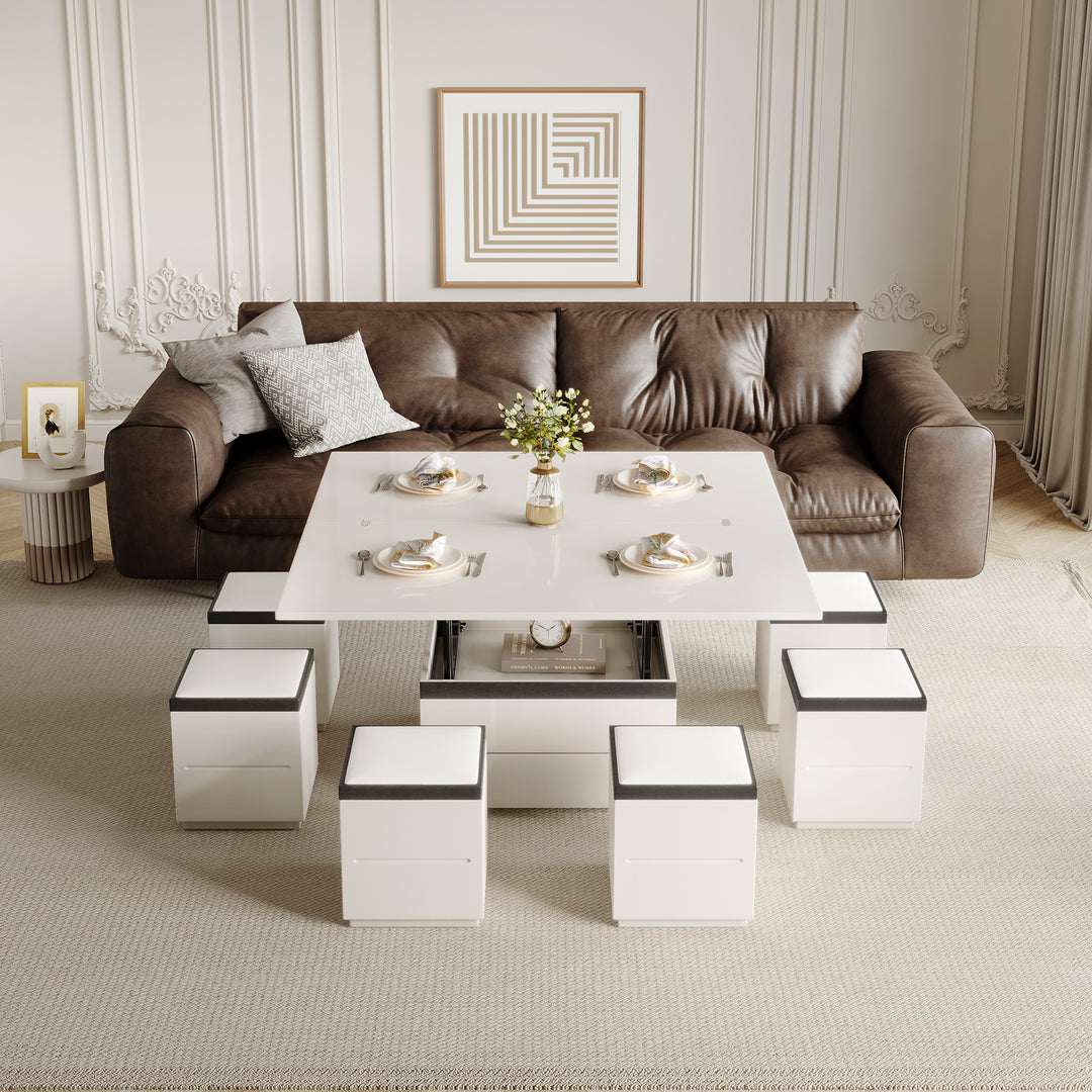 Guyii Extendable Coffee Table with 4 Storage Stools, Multifunctional Lift Top Coffee Table