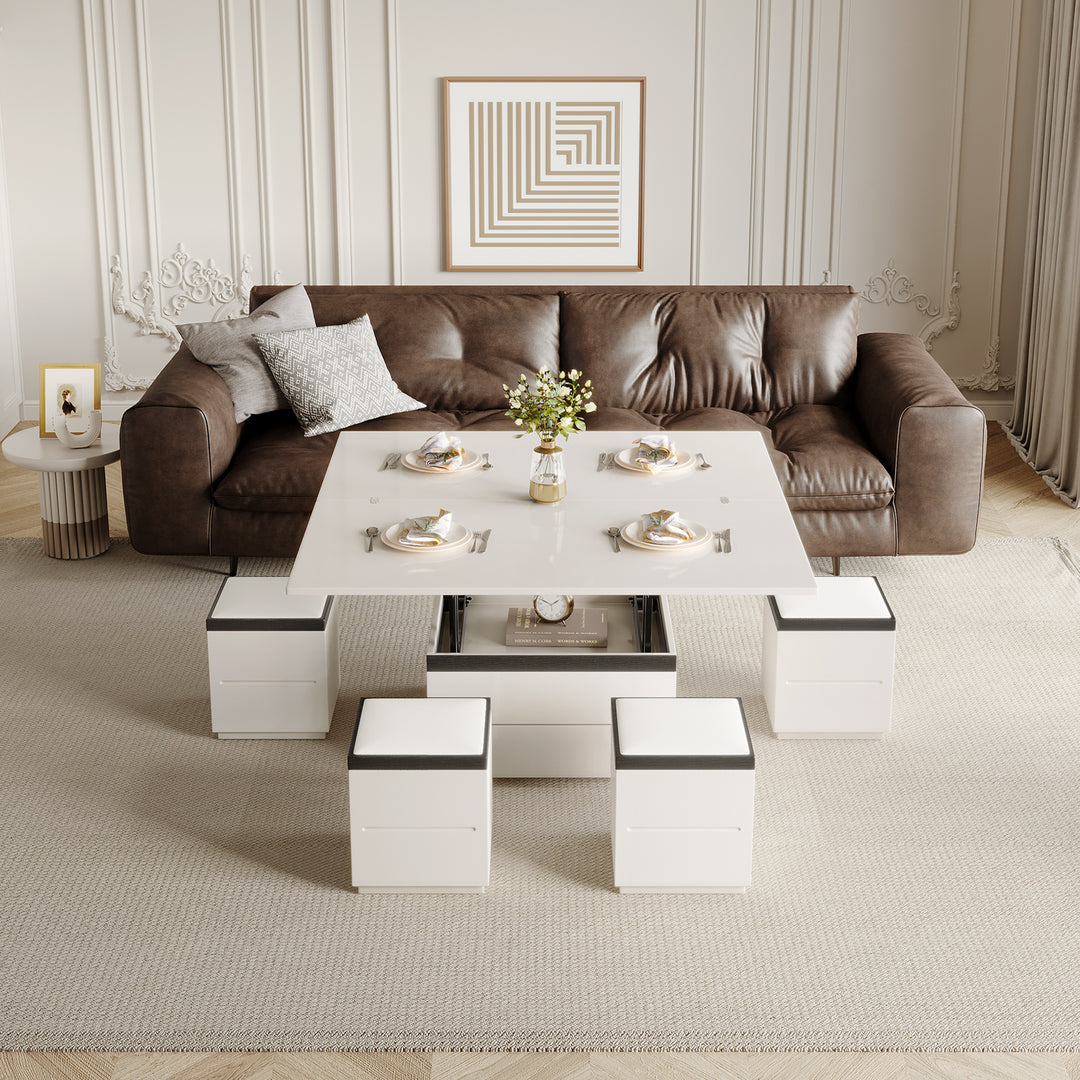Guyii Extendable Coffee Table with 4 Storage Stools, Multifunctional Lift Top Coffee Table