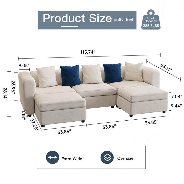 Guyii Velvet Sectional Sofa with 5 Pillows and Storage Footstool