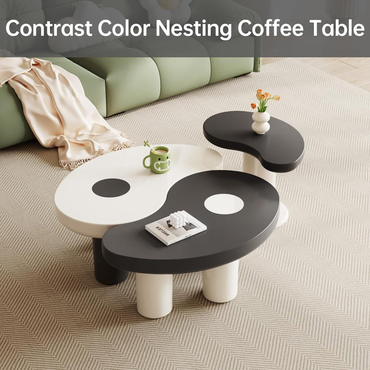 Guyii Nesting Coffee Table, Round Coffee Table and Small Irregular End Table, Tai Chi Coffee Table Set of 2