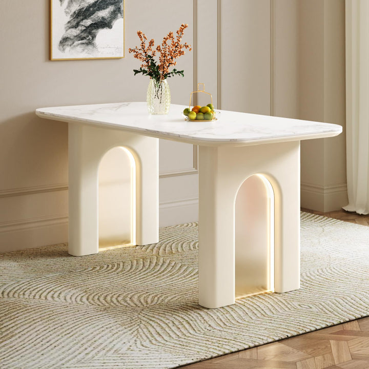Guyii Modern Cream White 59.05" Rectangle Dining Table, Indoor Kitchen Table with LED Lights