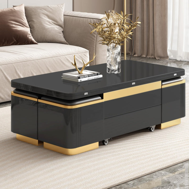 Guyii Multifunctional Lift Top Coffee Table, Extendable Coffee Table with 4 Storage Stools
