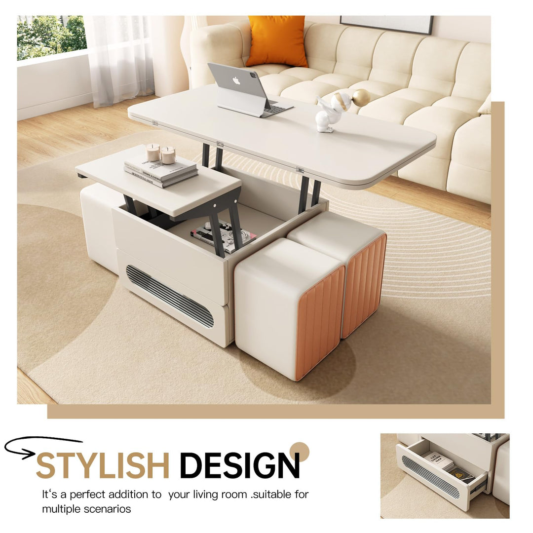 Guyii Lift-Top Coffee Table Set with 4 PU Stools, 3 in 1 Multi-Function Center Table