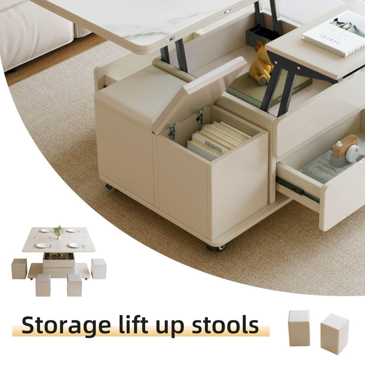 Guyii Multifunctional Lift Top Coffee Table with 4 Storage Stools