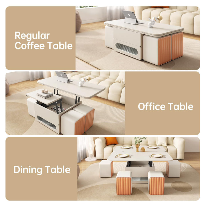 Guyii Lift-Top Coffee Table Set with 4 PU Stools, 3 in 1 Multi-Function Center Table