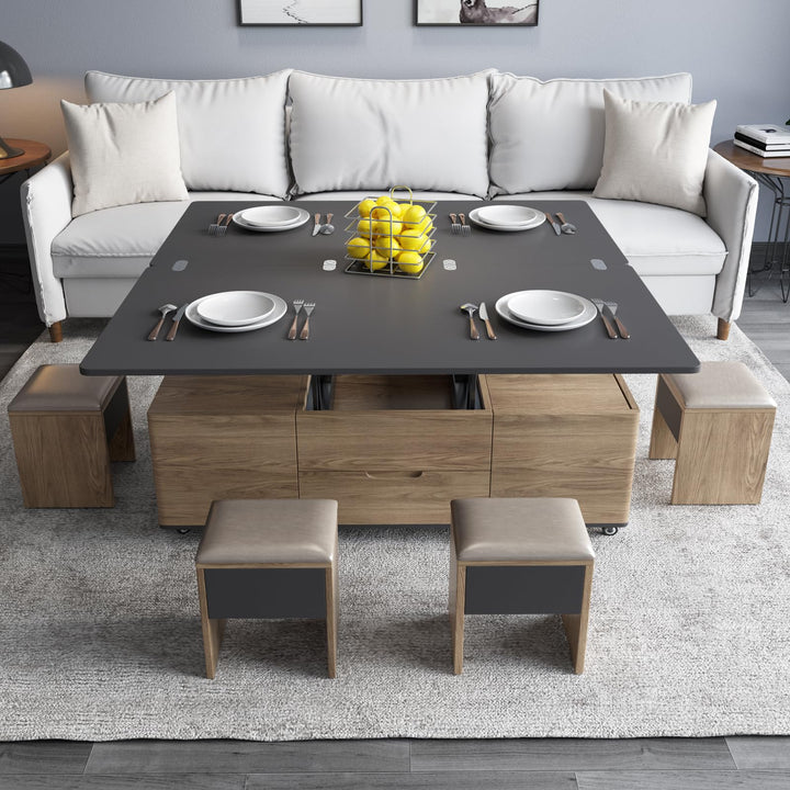 Guyii Grey Multifunctional Lift-Top Coffee Table with 4 Stools