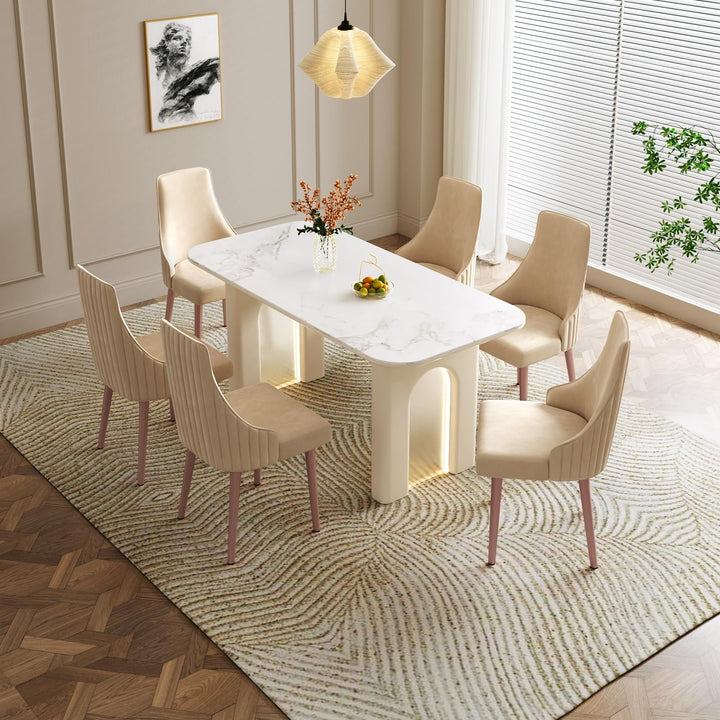 Guyii Modern Cream White 59.05" Rectangle Dining Table, Indoor Kitchen Table with LED Lights