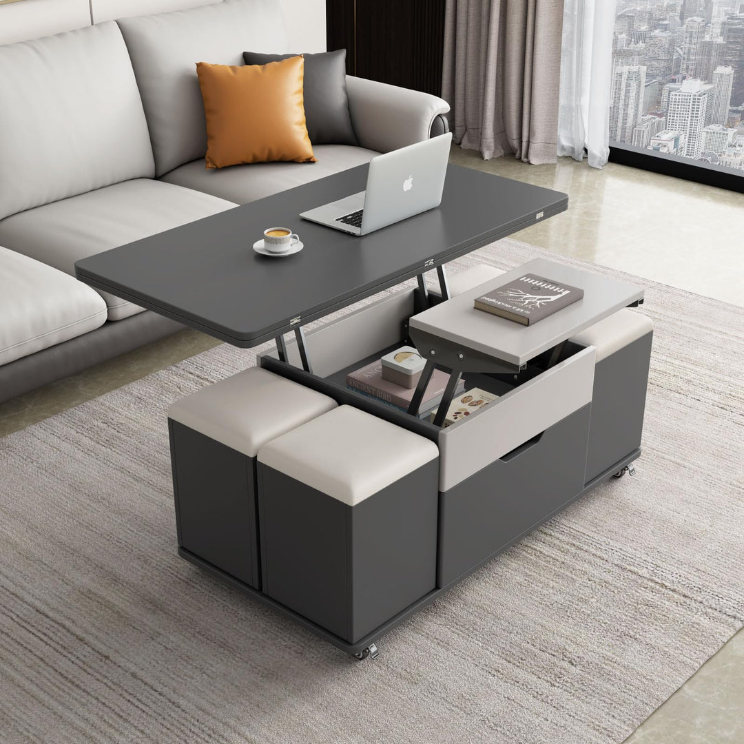 Guyii Lift Top Coffee Table with 4 Storage Stools