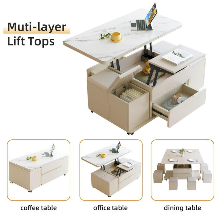 Guyii Multifunctional Lift Top Coffee Table with 4 Storage Stools
