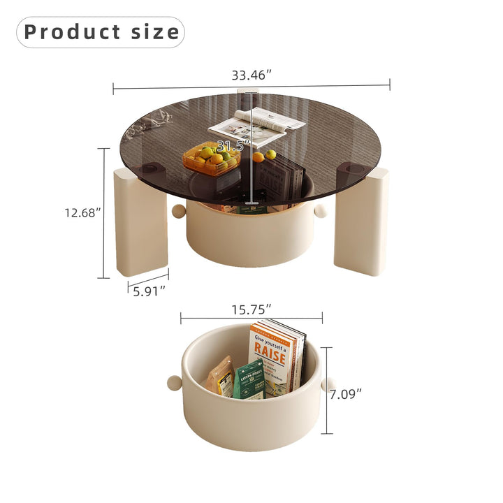 Guyii Round Coffee Table with Tea-Colored Tempered Glass Top