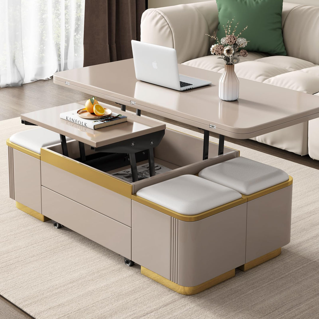Guyii Modern Lift Top Coffee Table with 4 Storage Stools