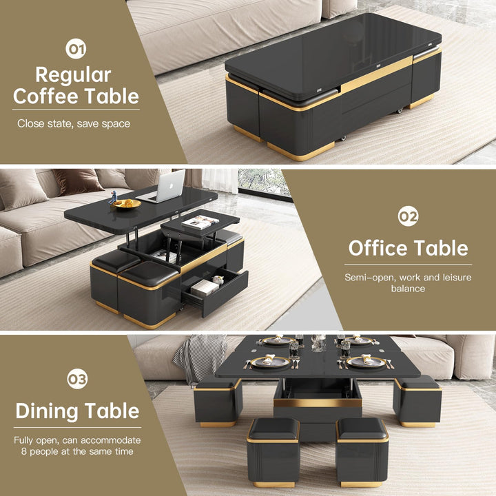 Guyii Multifunctional Lift Top Coffee Table, Extendable Coffee Table with 4 Storage Stools
