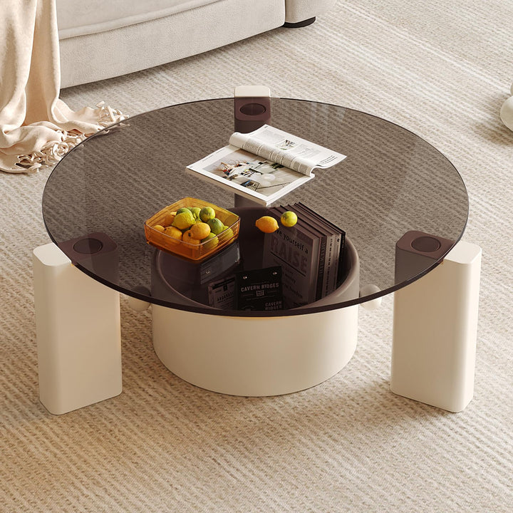 Guyii Round Coffee Table with Tea-Colored Tempered Glass Top